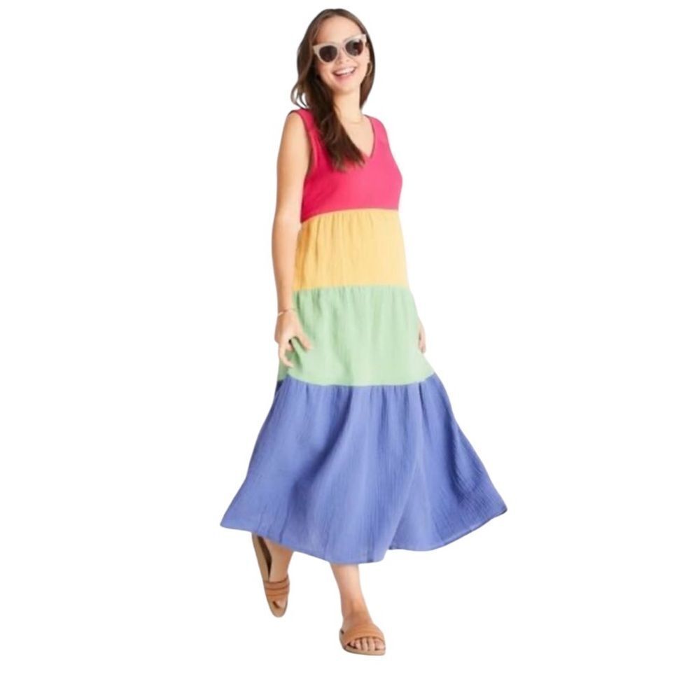 Marine Layer Corinne Maxi Dress in Rainbow Colorblock Size XL NWT
